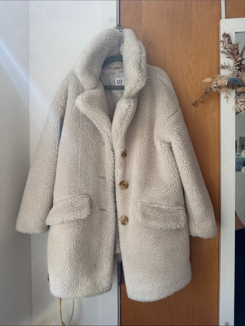 GAP Kids Girls Cream Teddy Coat with Button Front